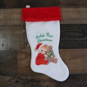 Rennoc Babys First Christmas Embossed Felt Stocking 1980s Vintage 80s Teddy Bear